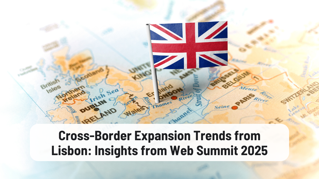 A vibrant view of the Web Summit 2025 stage in Lisbon focusing on global cross-border expansion and tech trends.